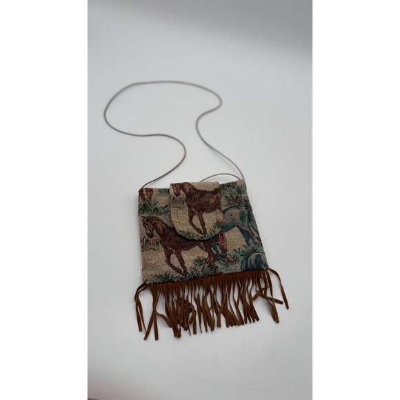 Unbranded Handbags - Vintage Style Horse Tapestry Crossbody Bag with Brown Fringe Western Boho Pouch